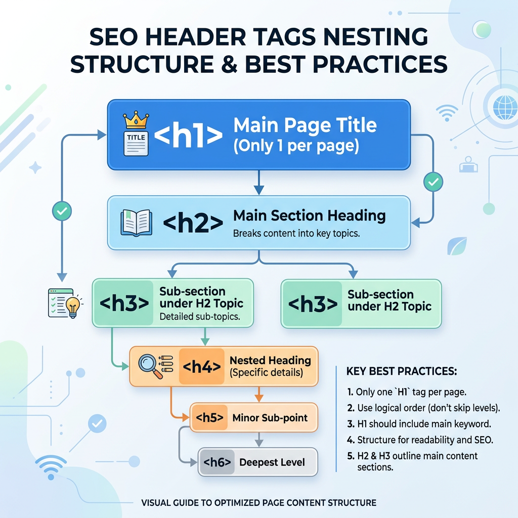 Diagram showing SEO header tags nesting from H1 to H6 with best practices listed